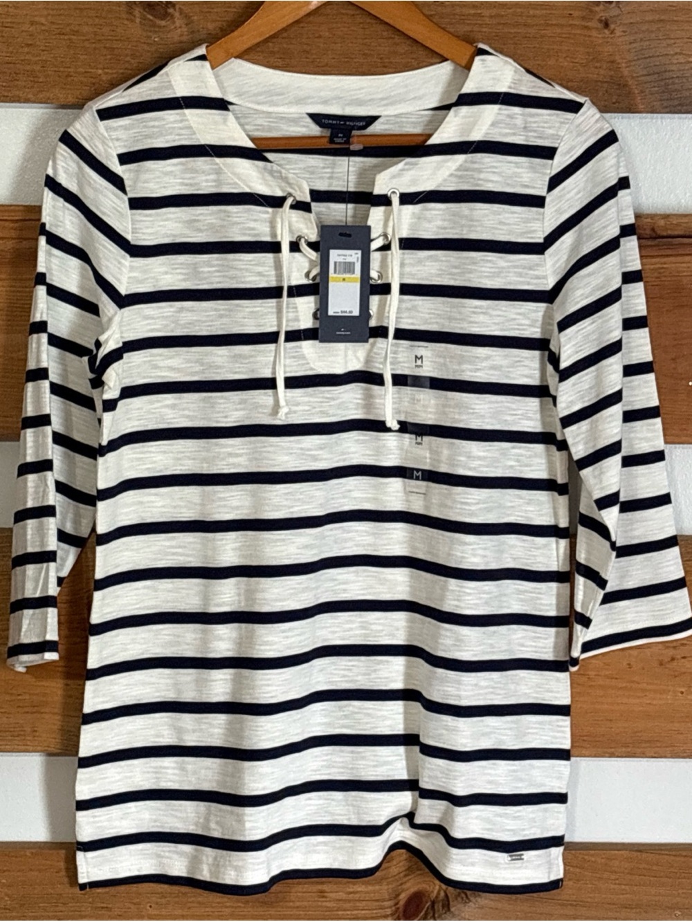 NWT Tommy Hilfiger White & Navy Blue Striped Tie Front Accents Blouse Size M